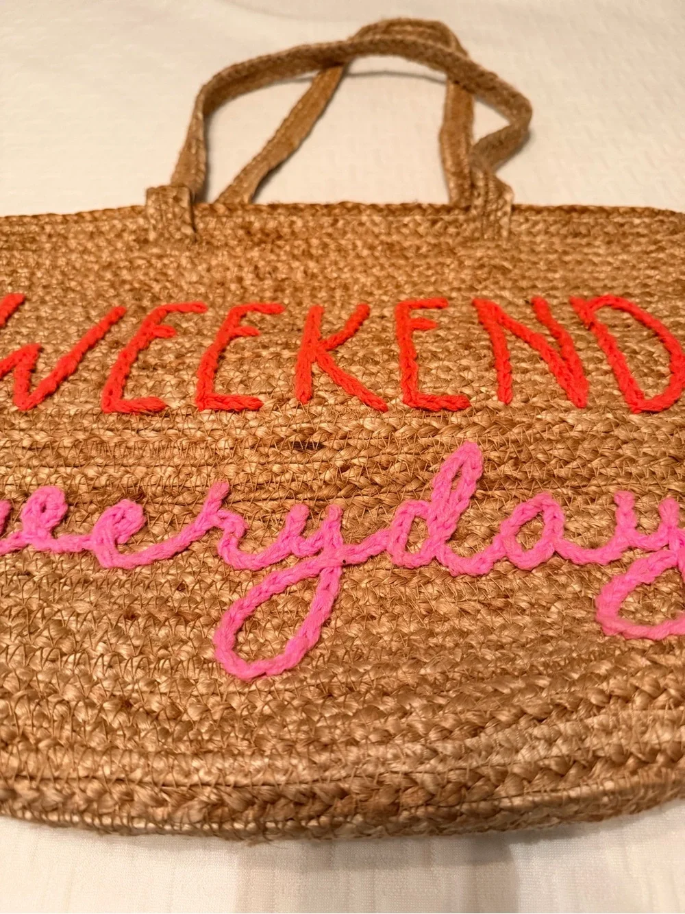 Mud Pie Natural Straw Tote with Pink & Coral Embroidery